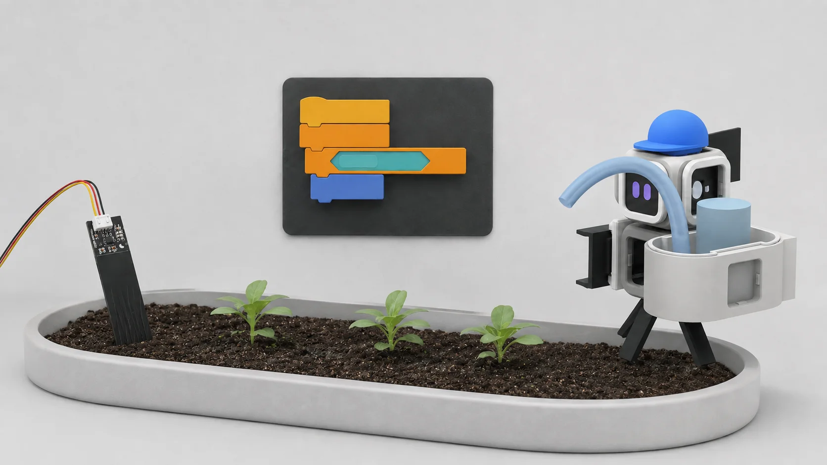 A Robolab robot sensing soil moisture, evaluating a rule and watering plants